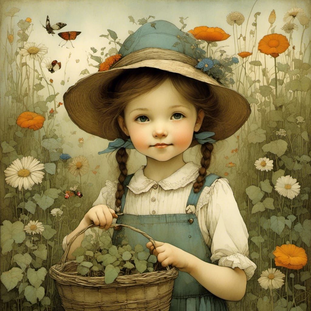 Vintage Girl in Garden, Illustration Style