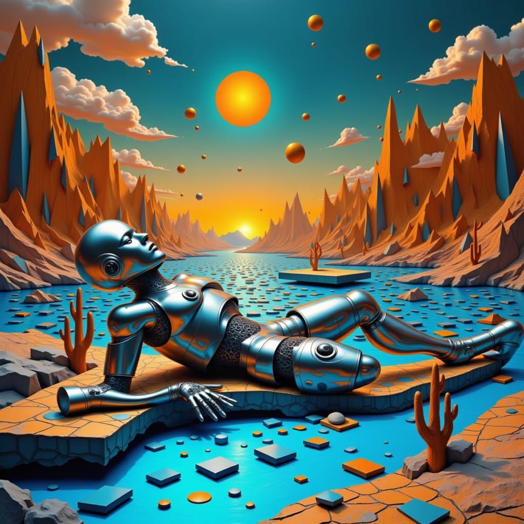 Abandoned Robot in Bioluminescent Lagoon