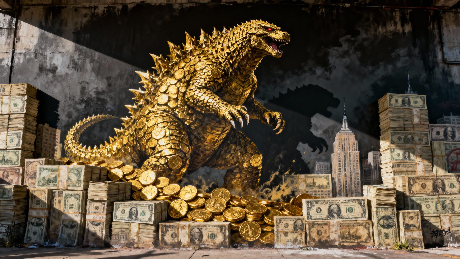 Golden Kaiju Erupts from Banknote Cityscape