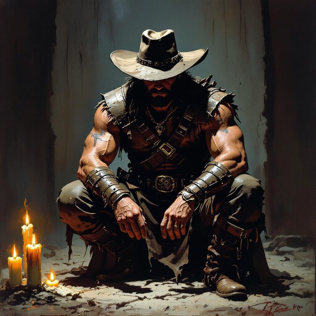 Bandit Leader Praying in Chapel, Frazetta Style