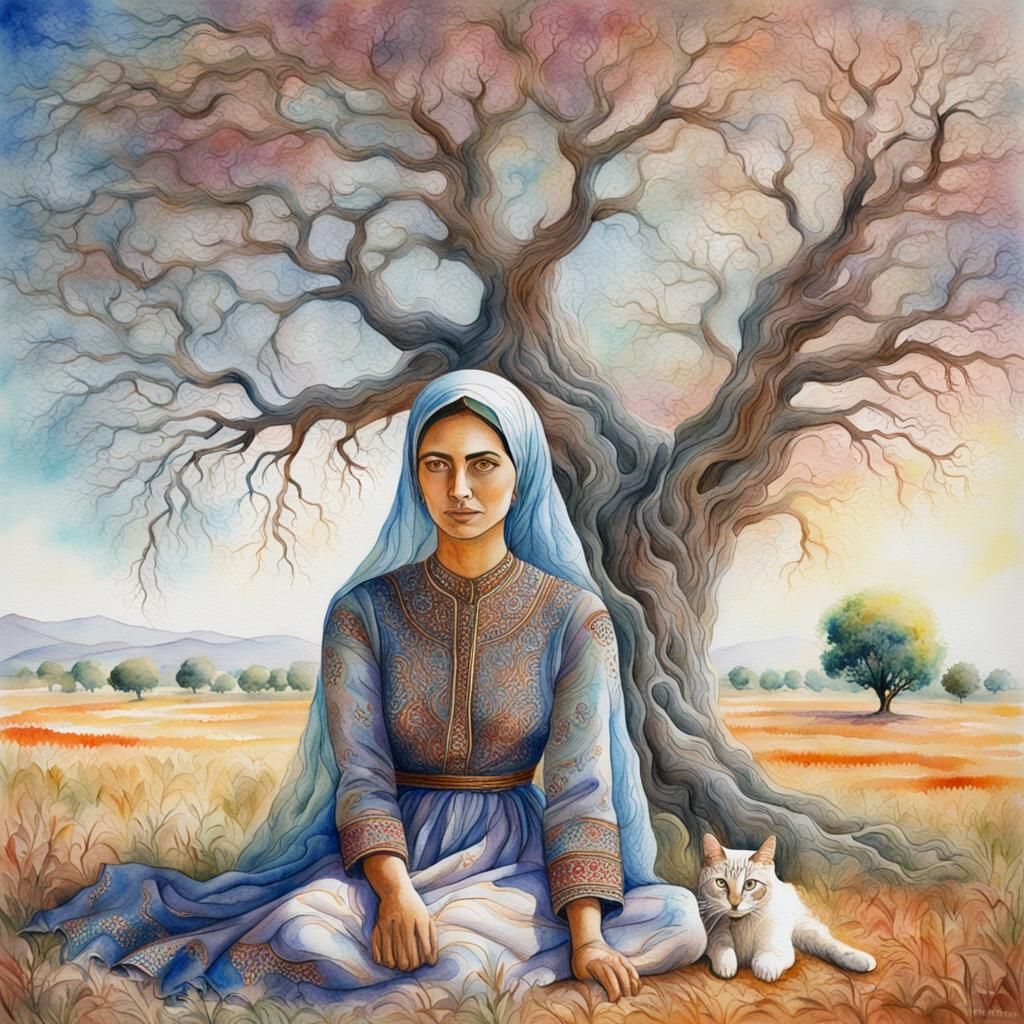 Young Turkish Woman in Watercolor Field