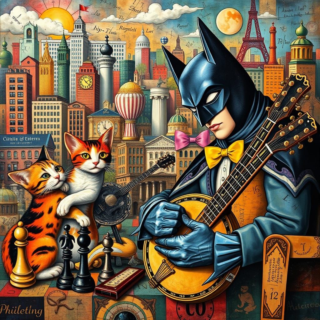 Surreal Collage of Whimsical Kitties and Cityscapes in Eclec...