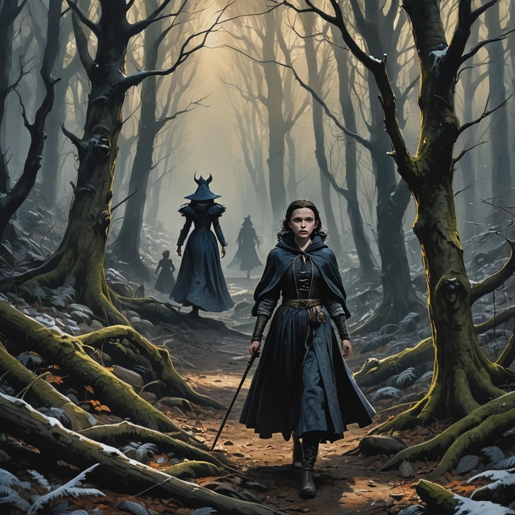 Snow White in Dark Forest, Watercolor Painting