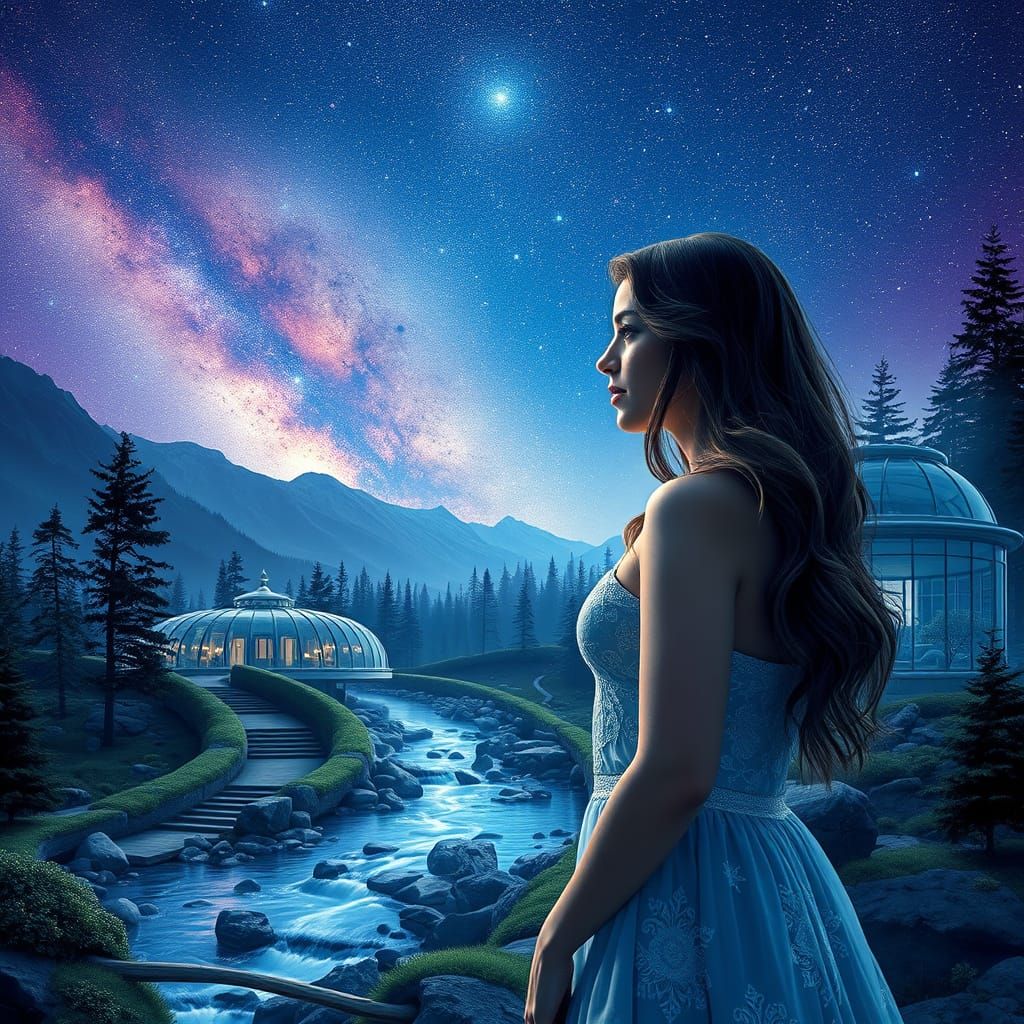 Woman by Glass Dome House Under Milky Way