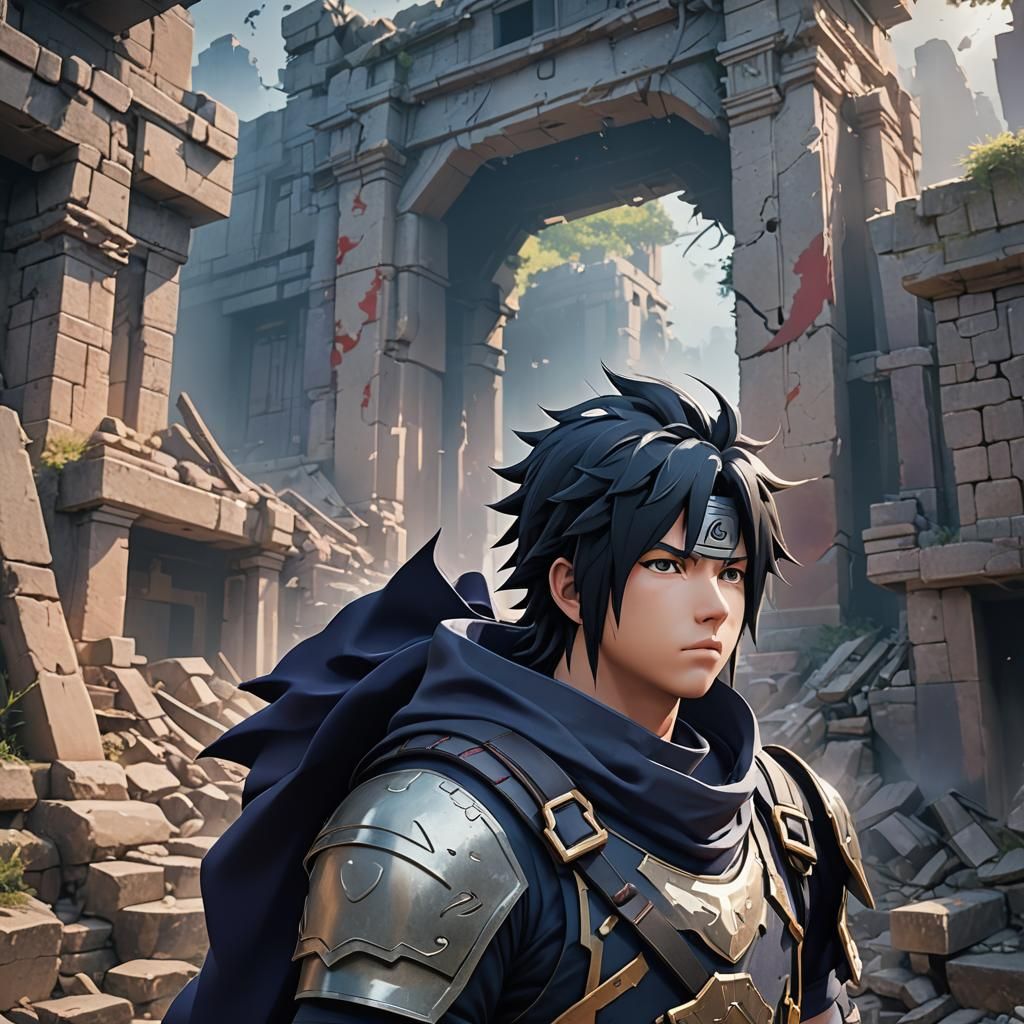 Sasuke Amidst Ruins: 3D Anime Illustration