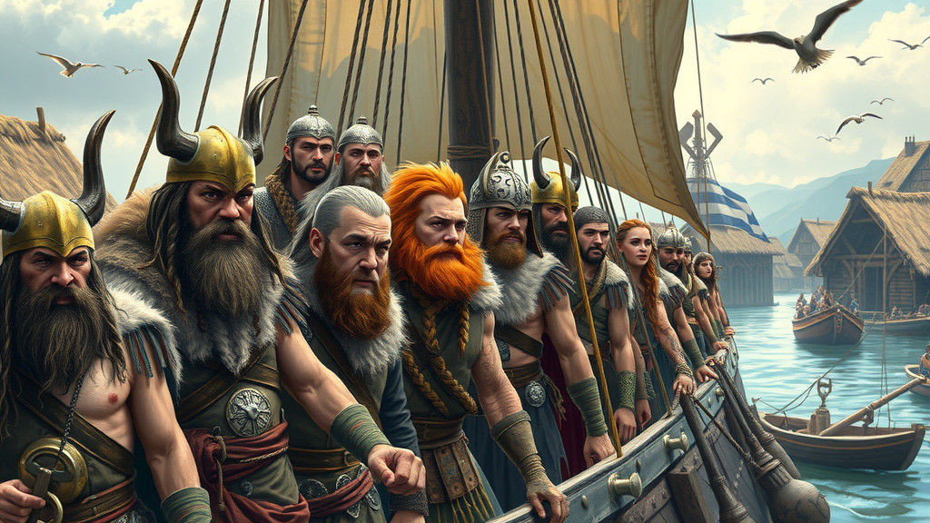 Viking Pirate Crew on Drakkar, Fantasy Illustration