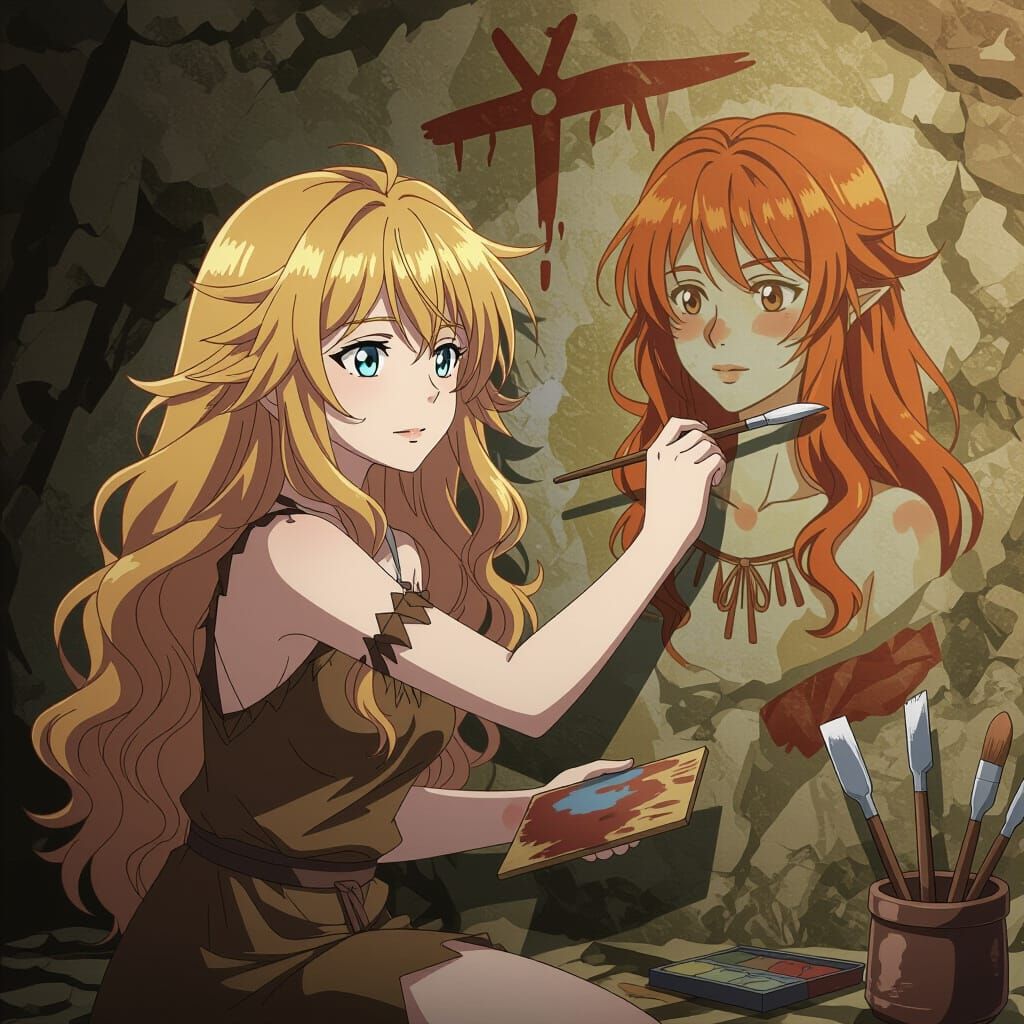 Anime Girl Paints Cave Wall Portrait in Prehistoric Setting