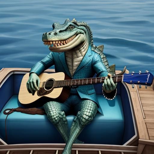 Crocodile Plays Guitar in Boat: Photorealistic Image