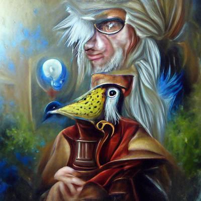 Eccentric Birdfolk Alchemist Portrait in Oil Painting Style
