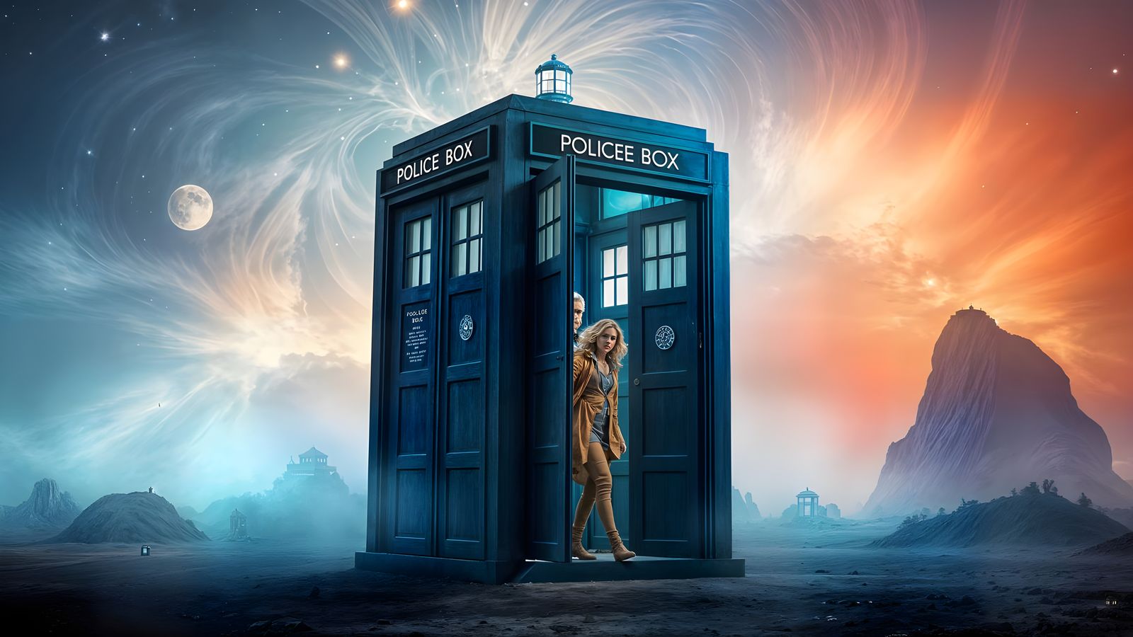 TARDIS in Alien Landscape: Hyperrealistic Scene