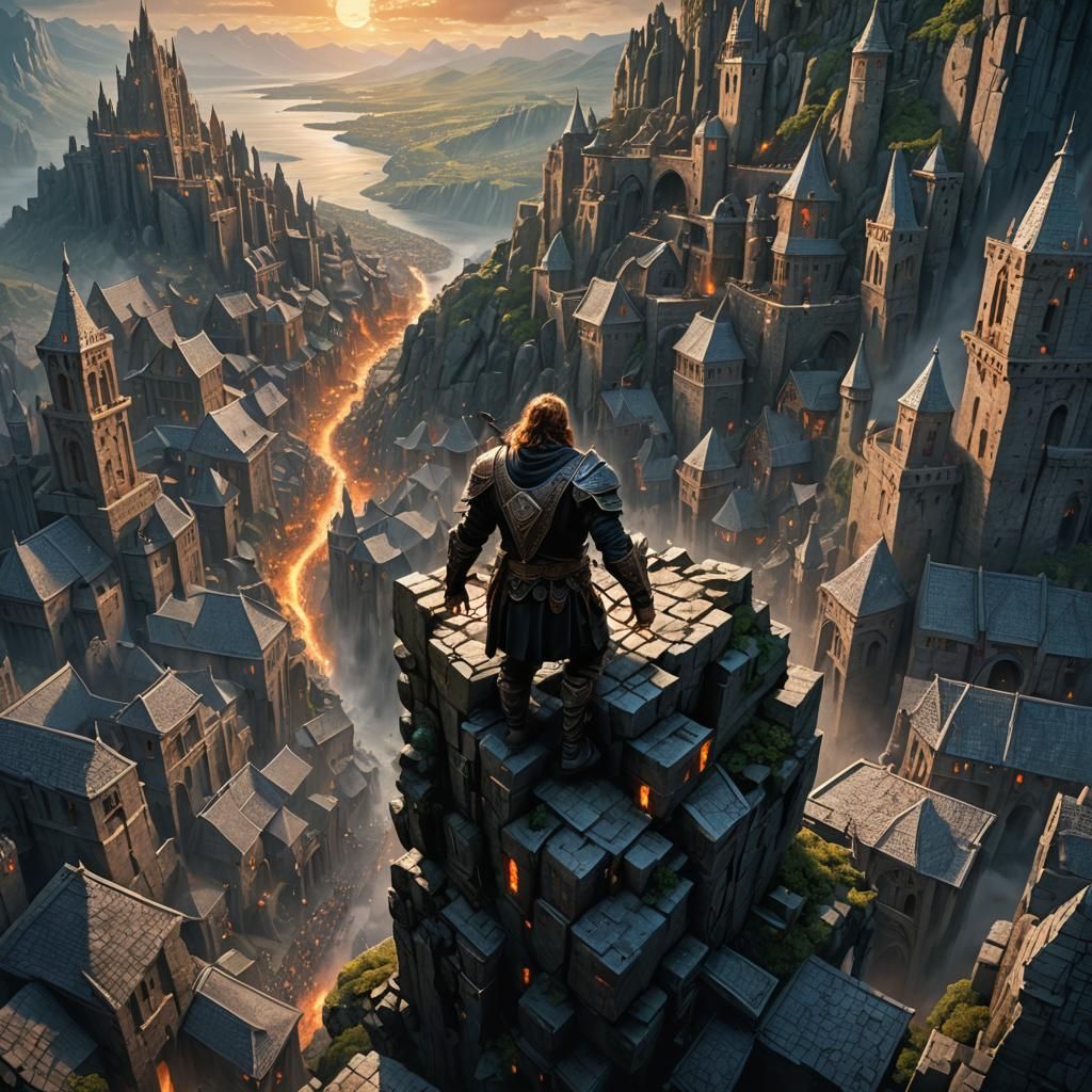 Toa's Rescue Above Dwarven City: Fantasy Art