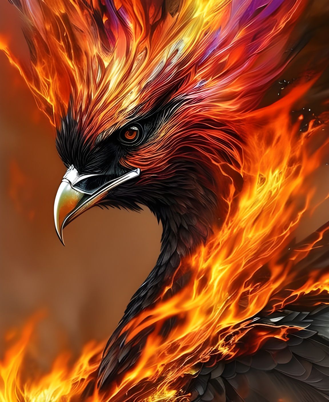 Fiery Black Phoenix Portrait as Digital Painting