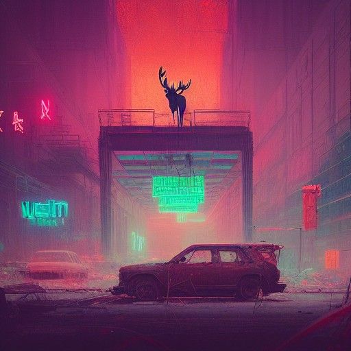 Moose in Abandoned Neon City, Fantasy Art