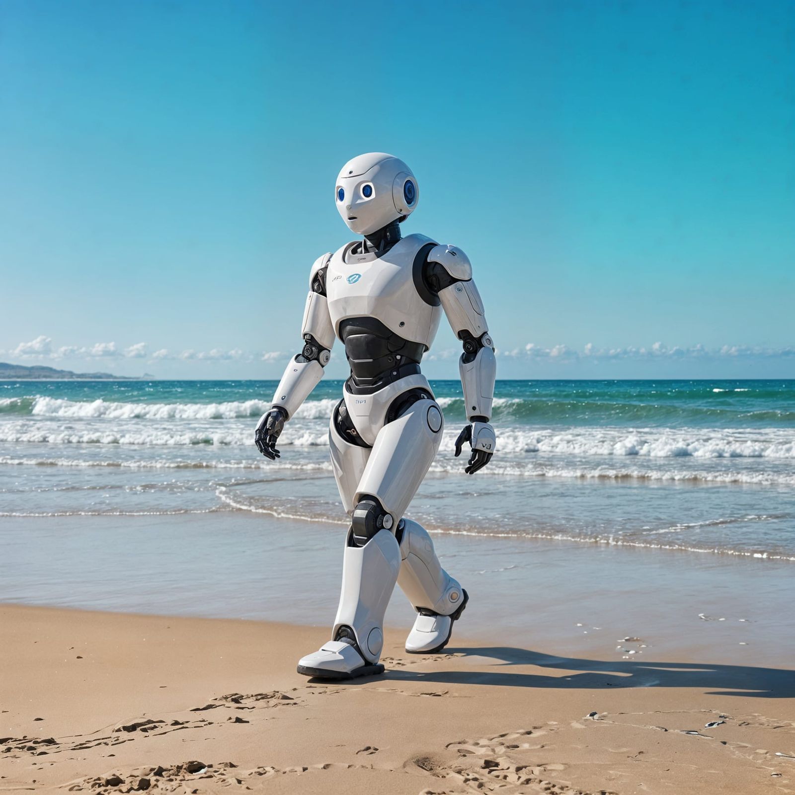 Robot Walks on a Serene Beach at Sunset