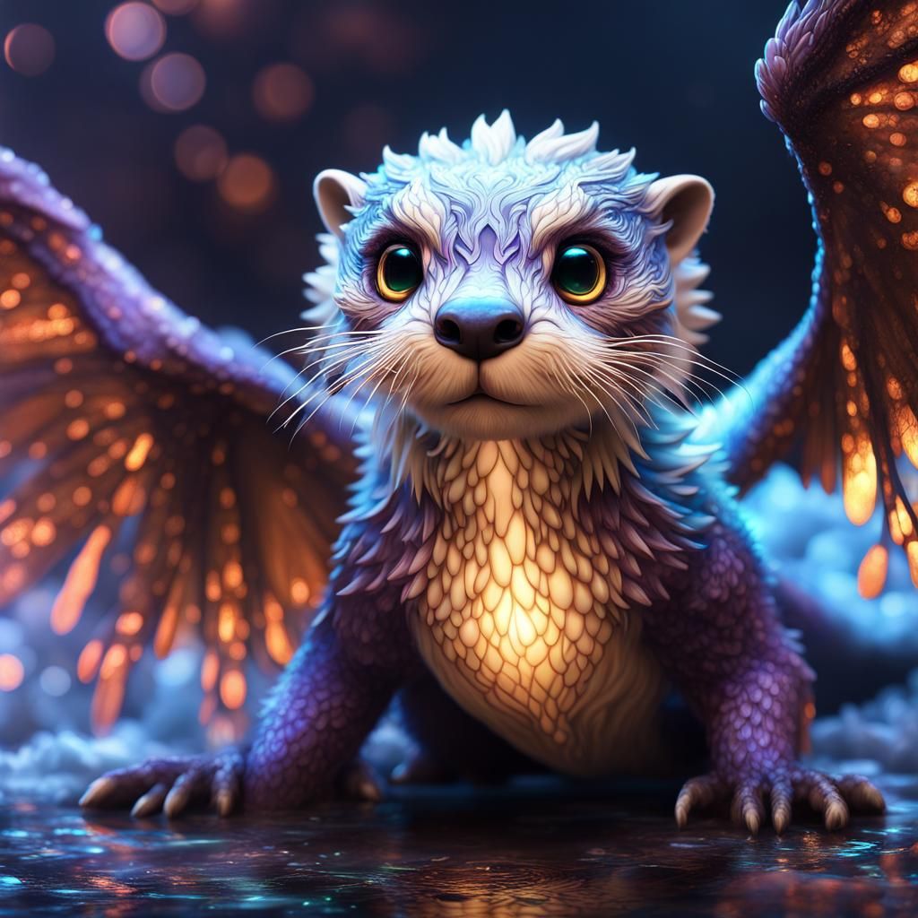 Winged Otter Dragon with Iridescent Wings, Fantasycore Art