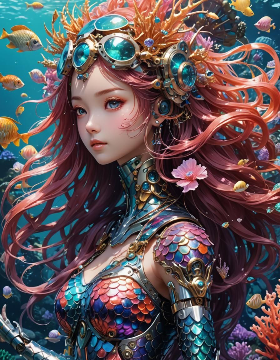 Robot Mermaid Anime Portrait in Cyberpunk Style