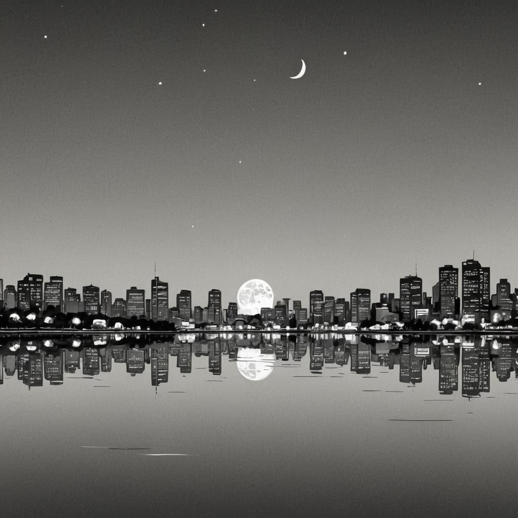 Minimalist Cityscape Mirrored Under Crescent Moon