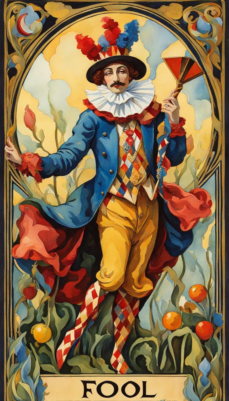 The Fool Tarot Card in Art Nouveau Gouache Style