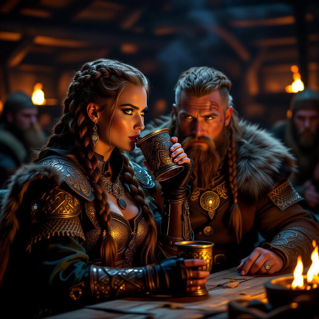 Viking Queen in Ornate Armor Drinking from Horn Cup