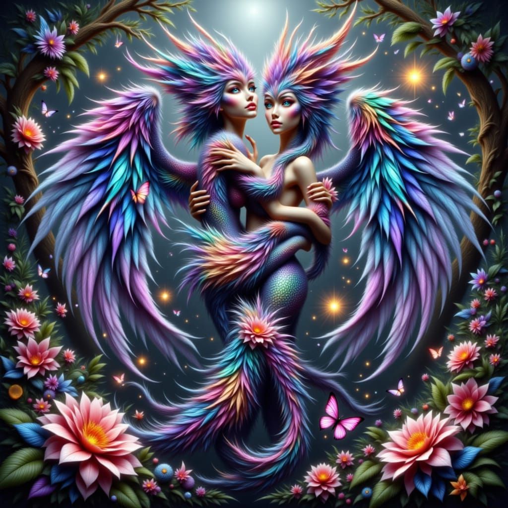 Winged Hybrid Creatures in Mystical Forest