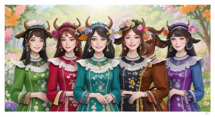 Happy Anthropomorphic Cows in a Fantasy Group Photo