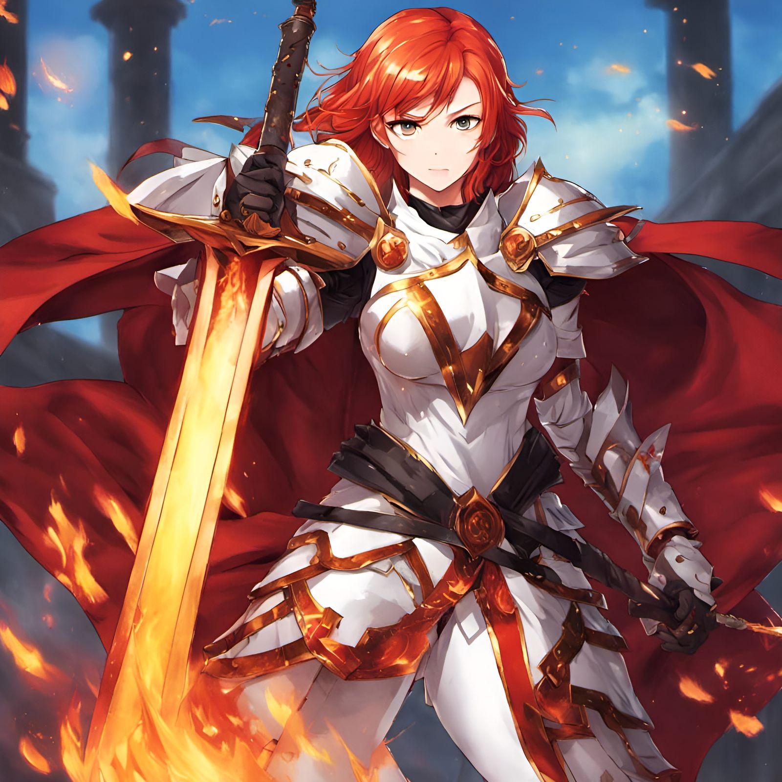 Redhead Knight with Flaming Sword in Anime Style