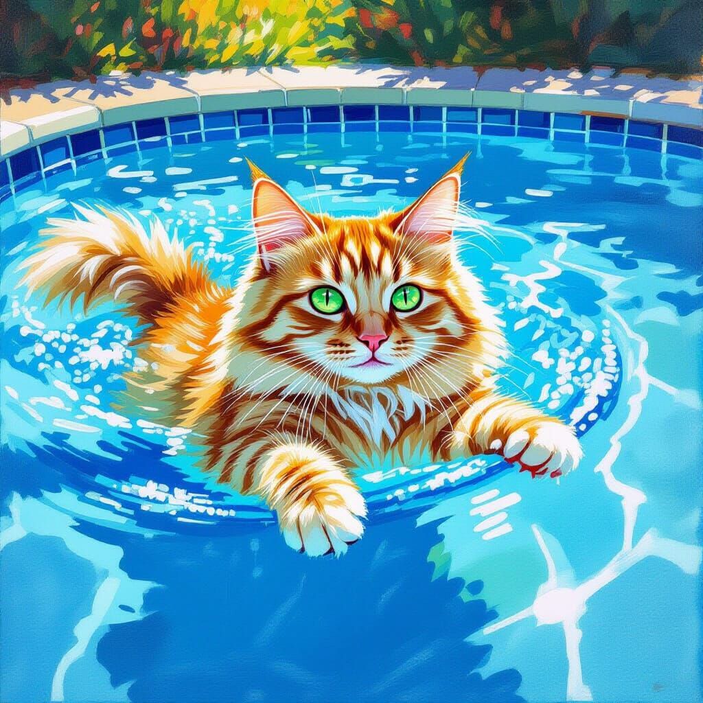 Ginger Cat Enjoys Sunny Swim in Watercolor Style