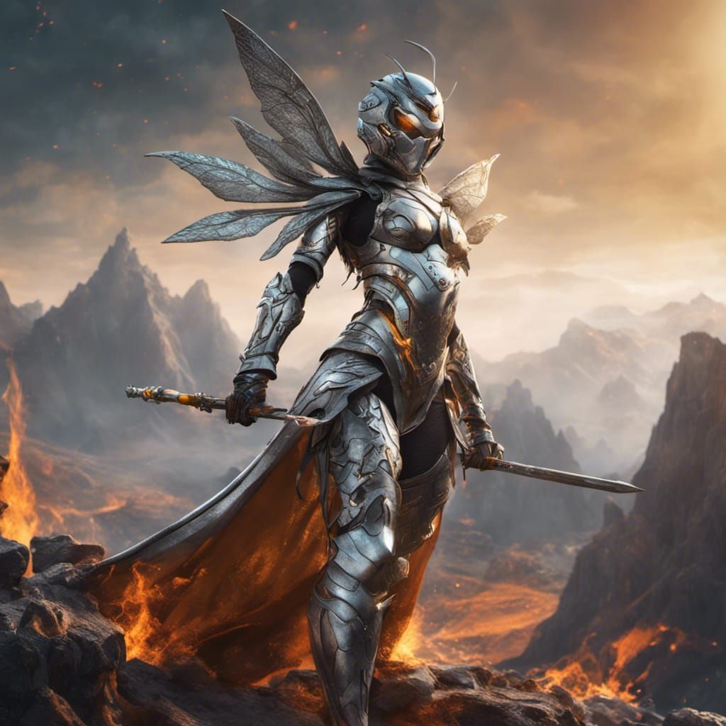Silver Armored Woman Rides Wasp in Fire Mountains