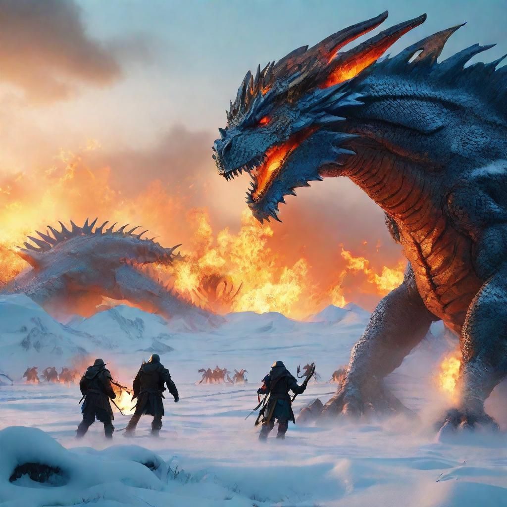 Epic Battle: Warriors and Dragons on Frozen Battlefield