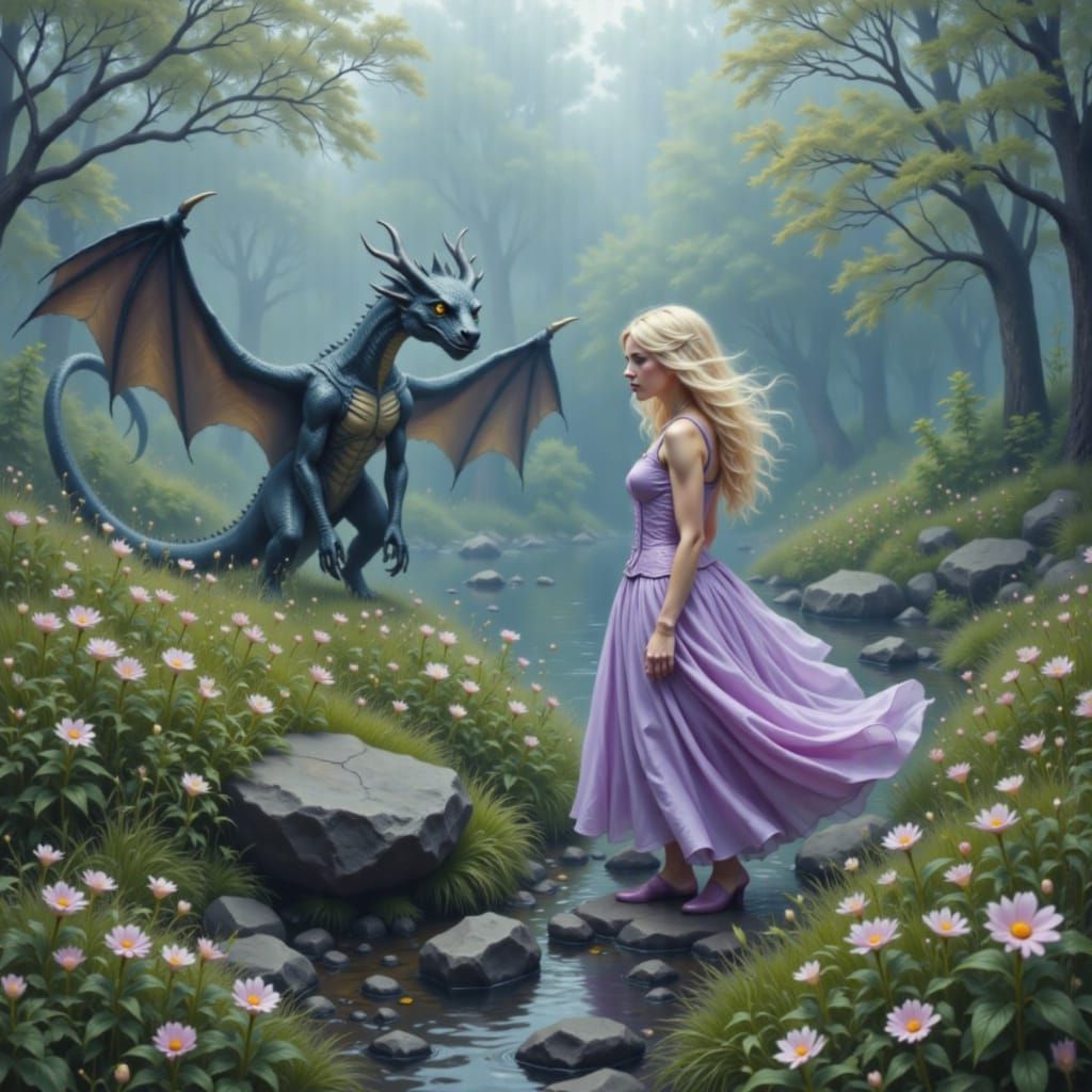 Princess and Dragon Encounter in Dreamy Digital Art