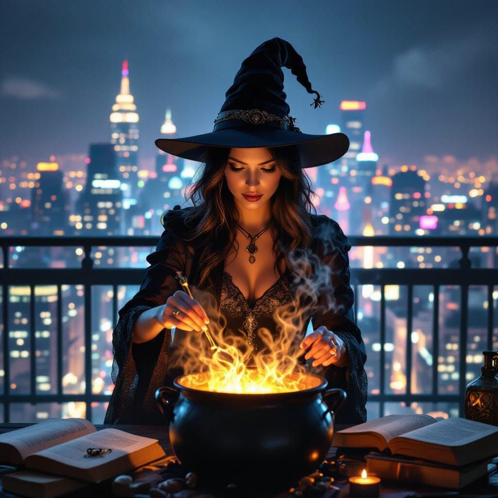 Modern Witch Brews Potion on City Balcony