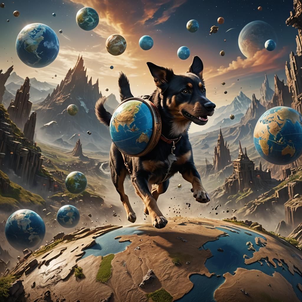 Fantastical Globe World with Running Dog in Vibrant Colors
