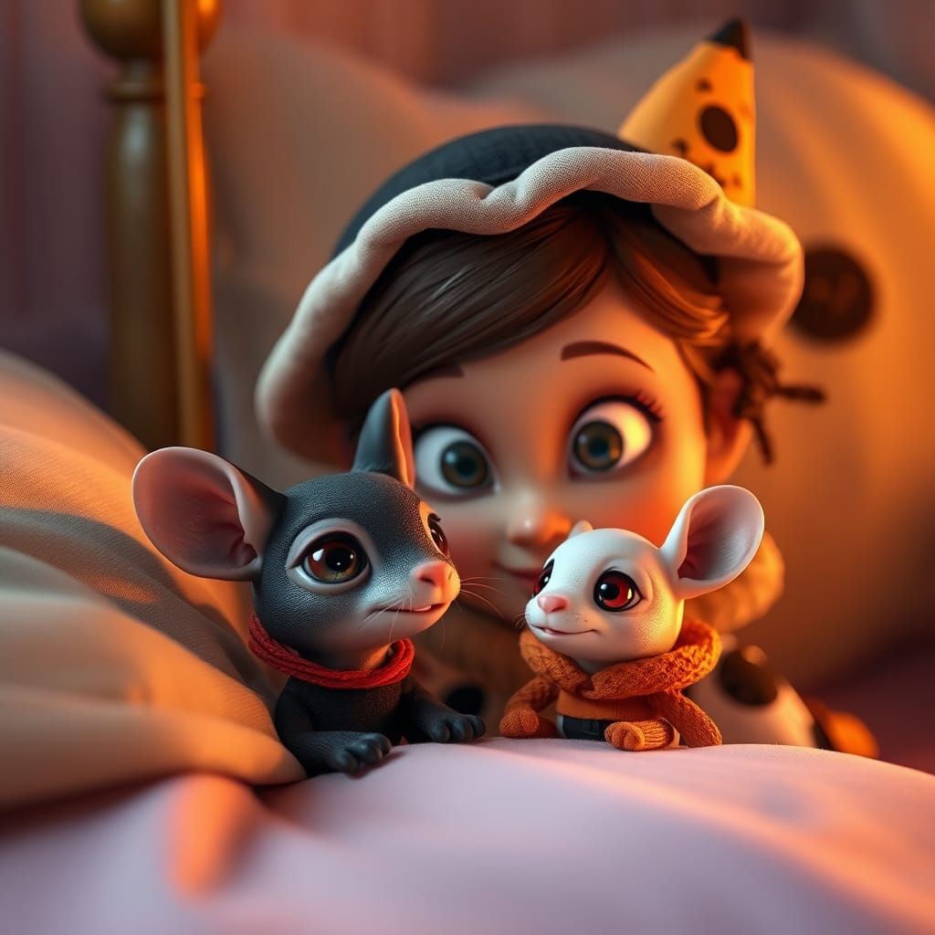 Girl and Kitten in Halloween Costumes, 3D Render
