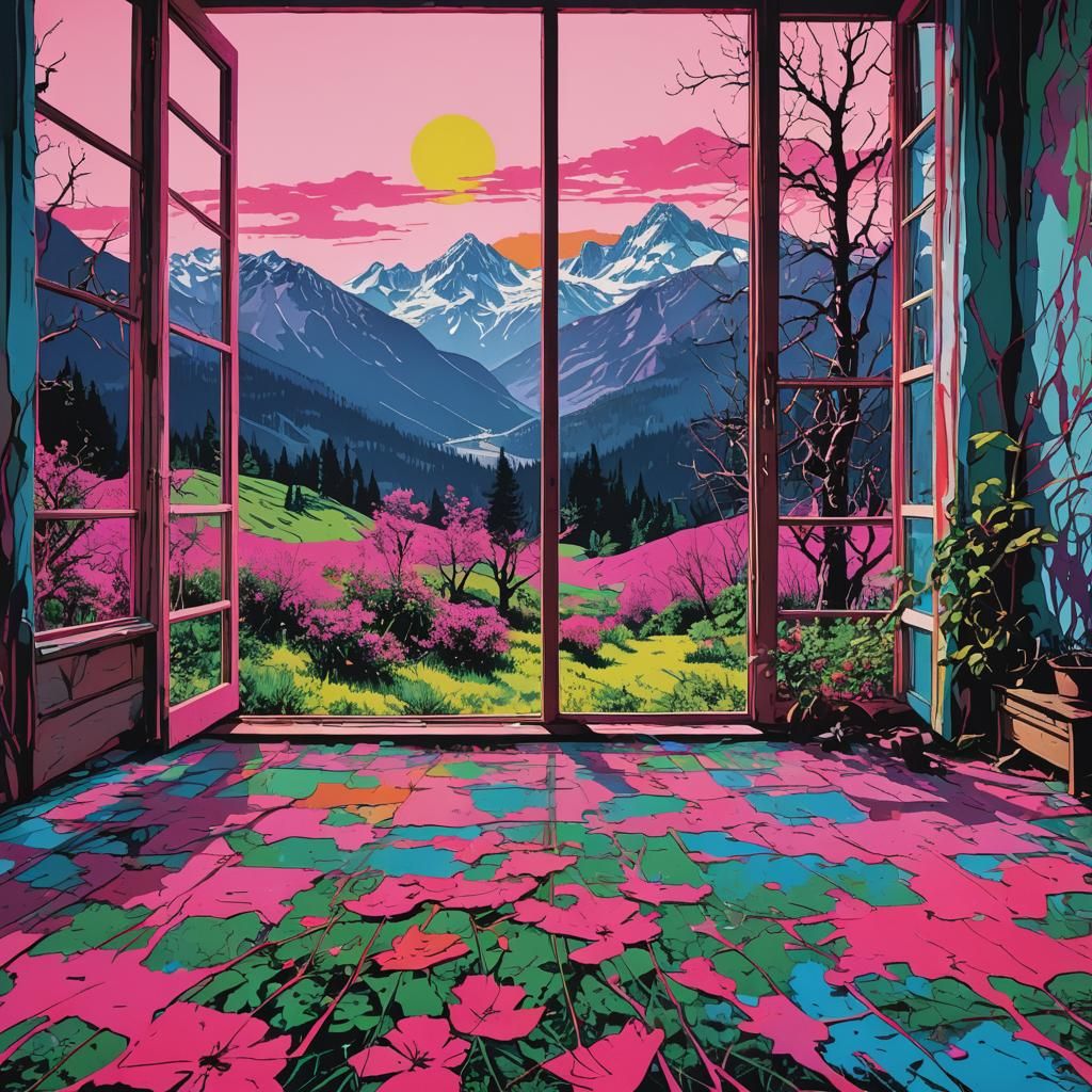 Geometric Building Merges with Nature: Pop Art Digital Print