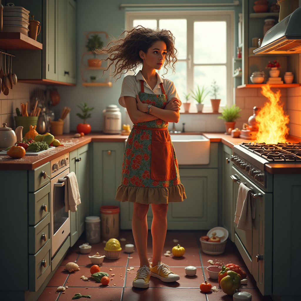Comical Kitchen Chaos with Panicked Housewife