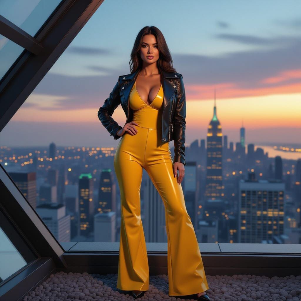 Woman in Yellow Latex and Leather on Rooftop