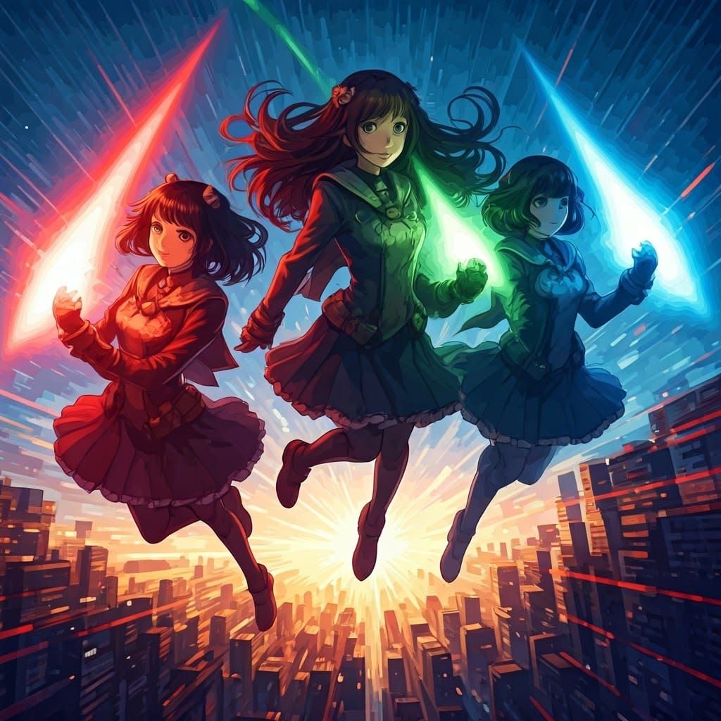 Anime Superhero Girls Soaring with Magic Lights