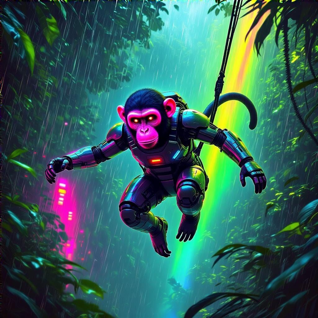 Neon Jungle Monkey in Cyberpunk Exosuit