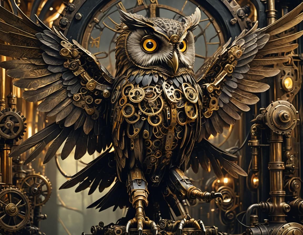 Steampunk Owl Flying in Midnight Forest