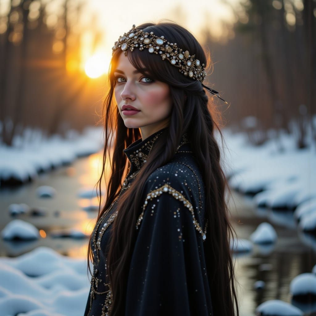 Siberian Princess in Glittering Pagan Attire at Sunrise