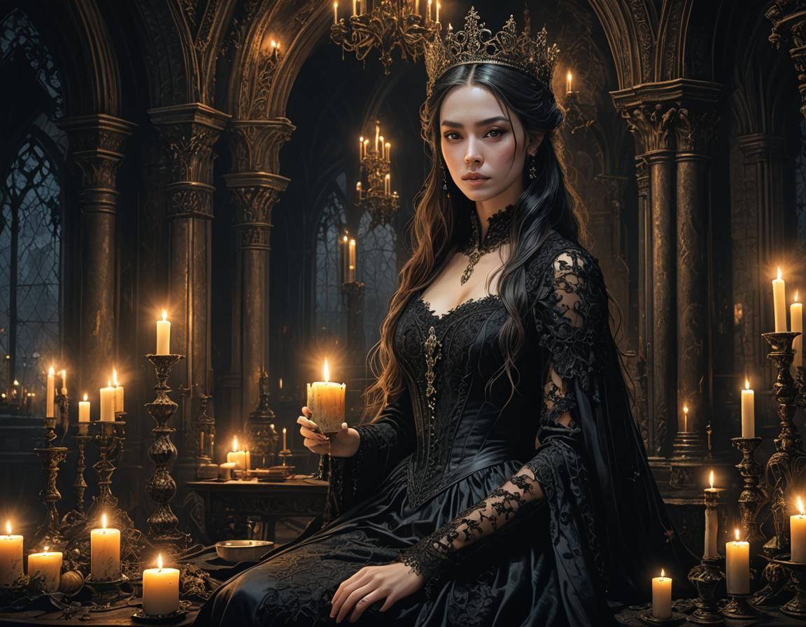 Gothic Queen in Candlelit Castle, Dark Fantasy Style