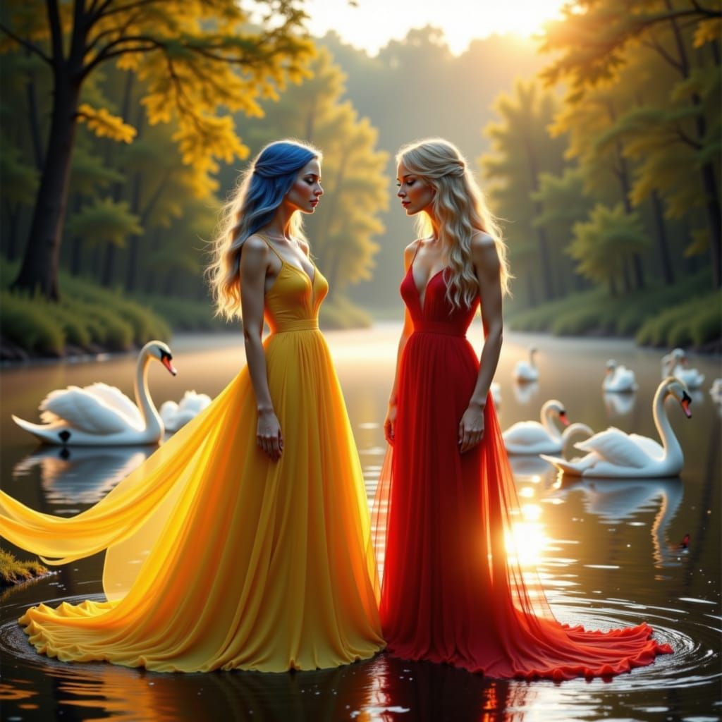 Princesses by River with Swans in Golden Hour Light