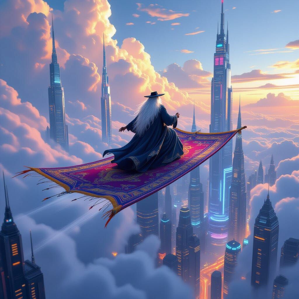 Wizard on Magic Carpet Over Futuristic City