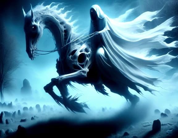 Ethereal Victorian Ghost Rider in a Haunting Moonlit Graveya...