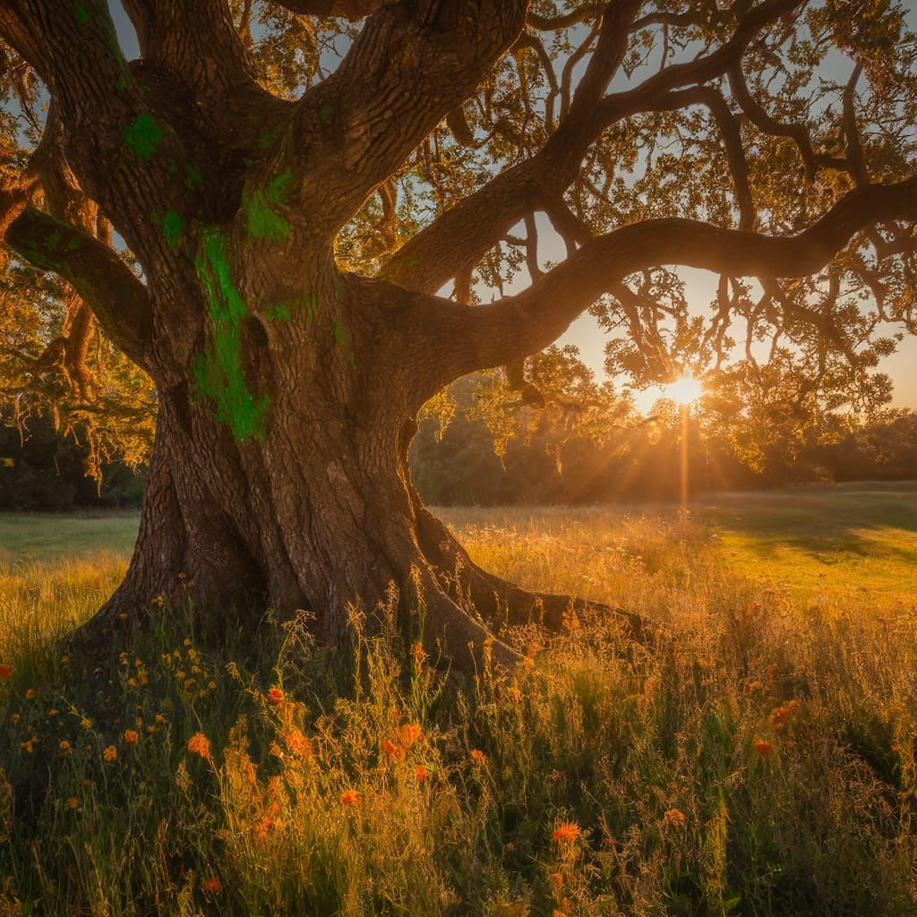 Ancient Oak Tree in Sun-Drenched Meadow, Leisurely Repose