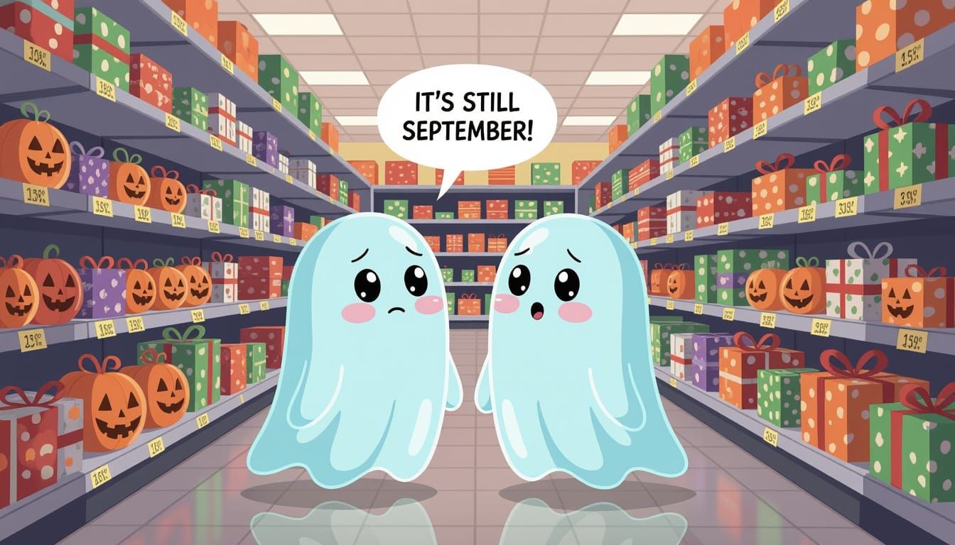 Ghosts Lament Early Christmas Displays in Cartoon Style