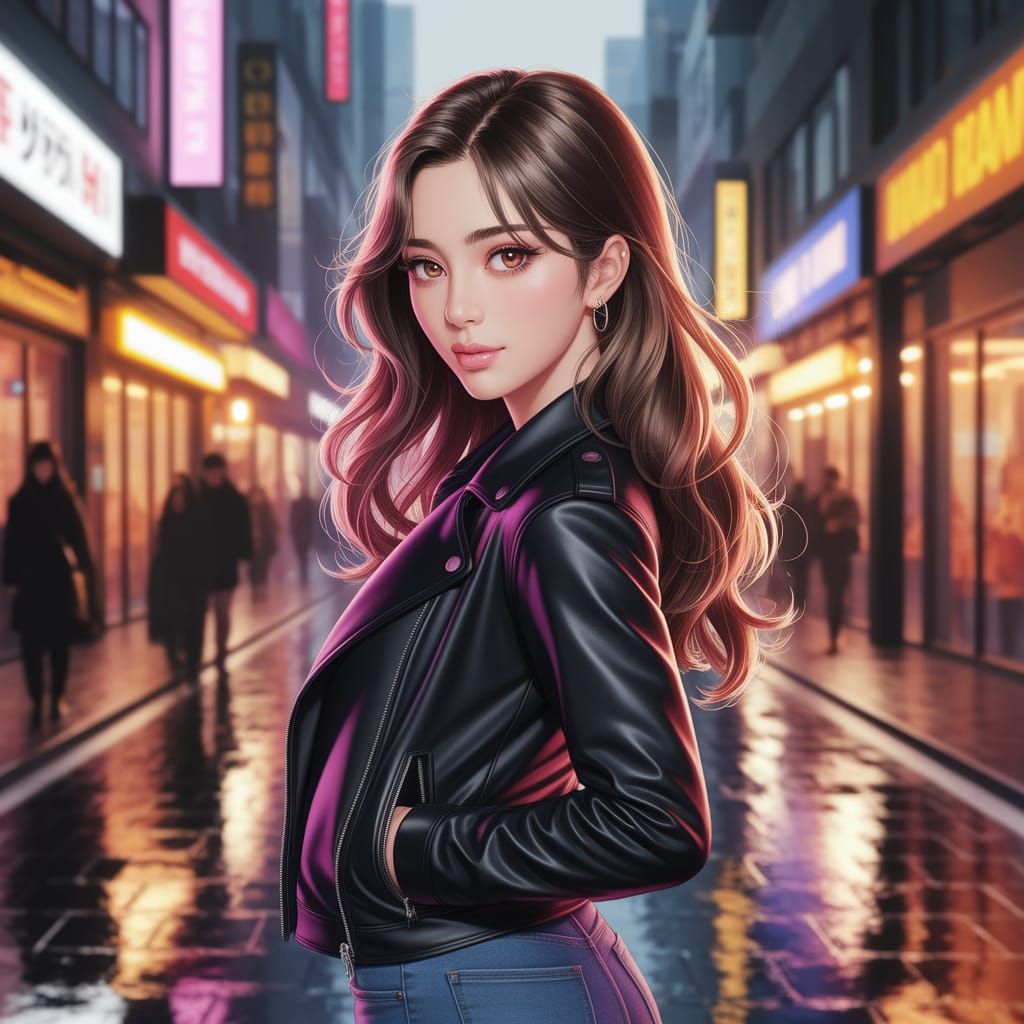 Vibrant Anime Portrait of a K-Pop Star in Cityscape