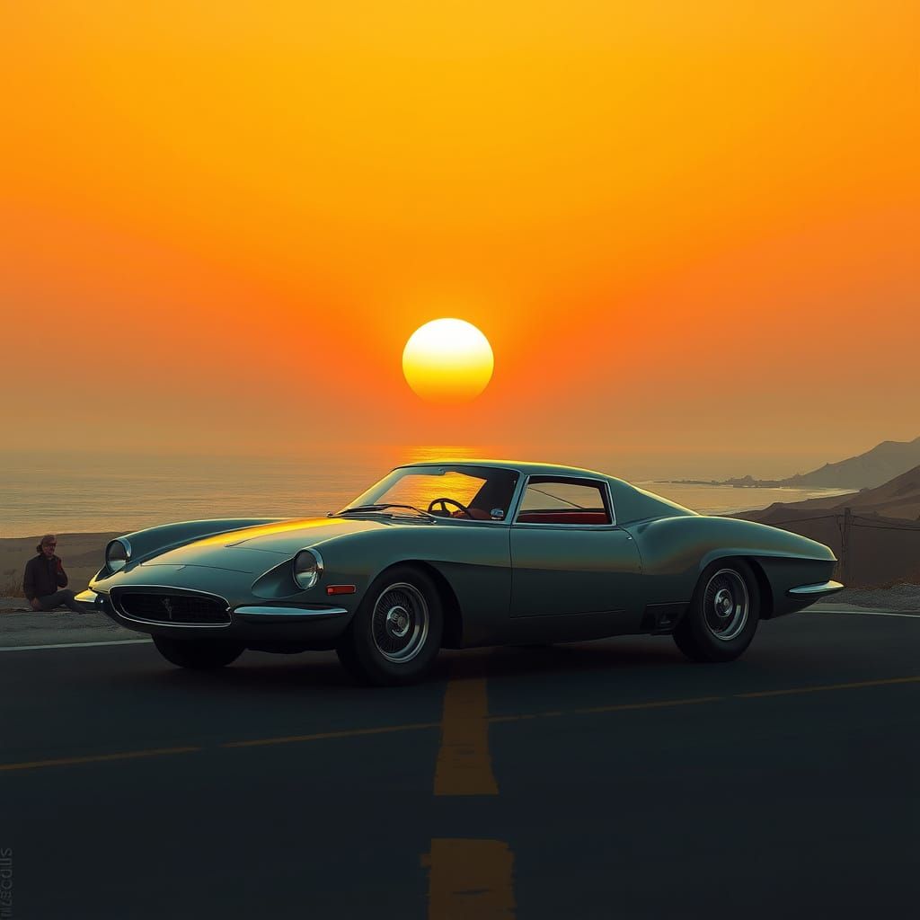 Vintage Sports Car Silhouetted at Sunset on Coastal Highway
