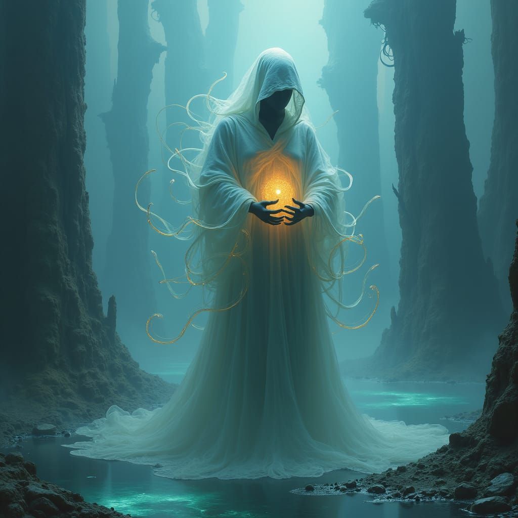 Mystical Figure in Surrealist Landscape