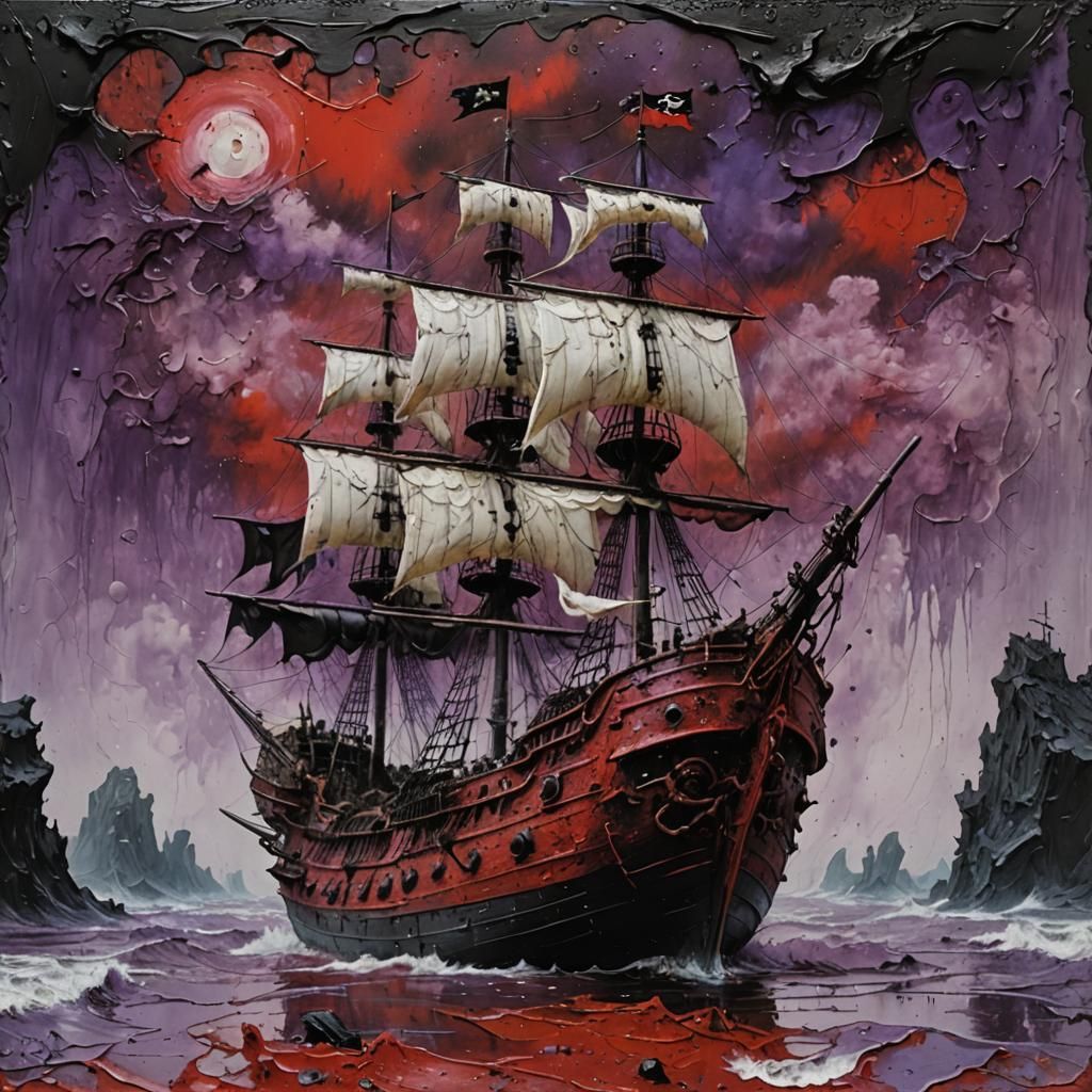 Pirate Ship Impasto Painting in Red and Purple